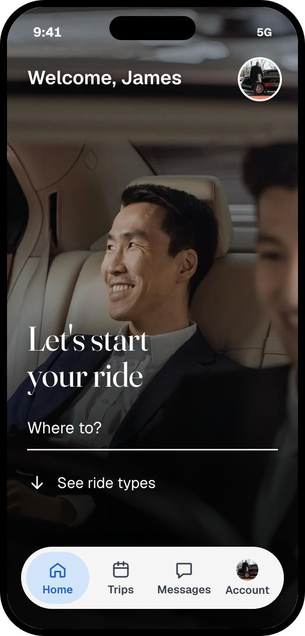 New Class Limo app home screen