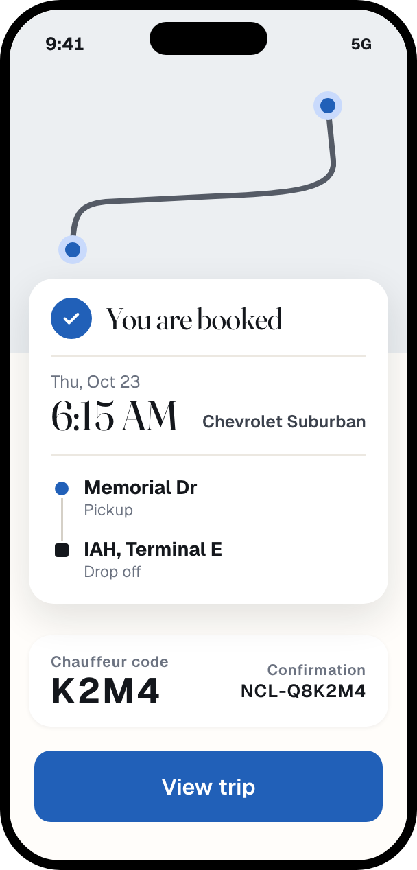 New Class Limo app booking confirmed screen