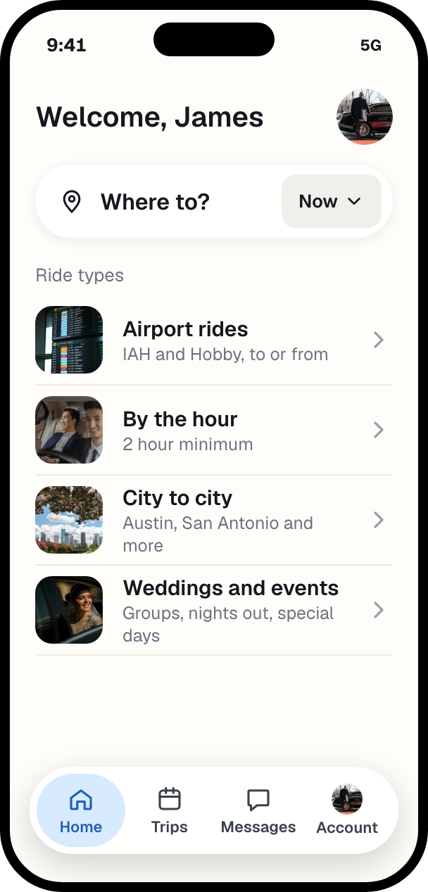 New Class Limo app ride types screen